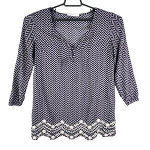 Women's Lush Chevron Black White & Purple Pattern Blouse Top 3/4 Sleeves Size M